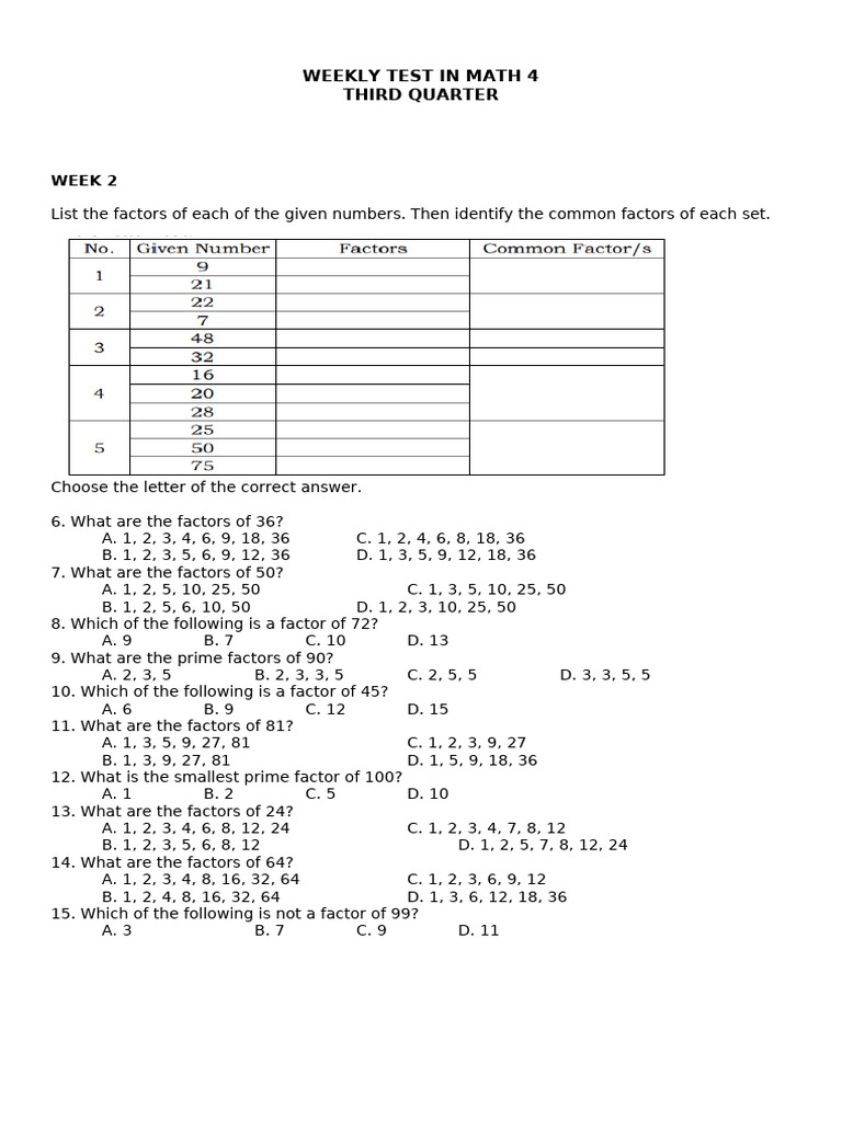 Math 4 Weekly Test: Factors & GCF | PDF | Number Theory | Arithmetic