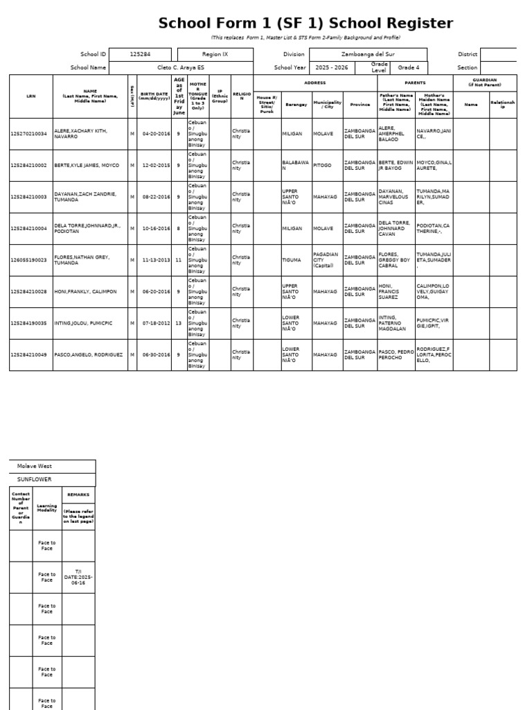 Grade 4 School Register 2025-2026 | PDF