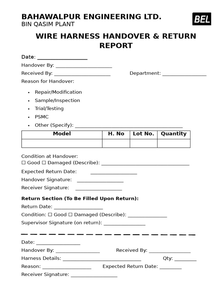 Wire Harness Handover Report Template | PDF