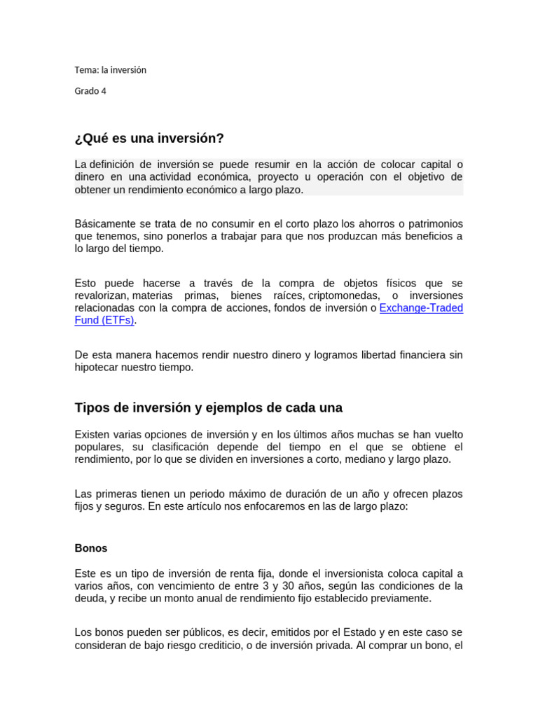 Tema La Inversison y Sus Tipos 4 | PDF | Inversiones | Fondo de inversión