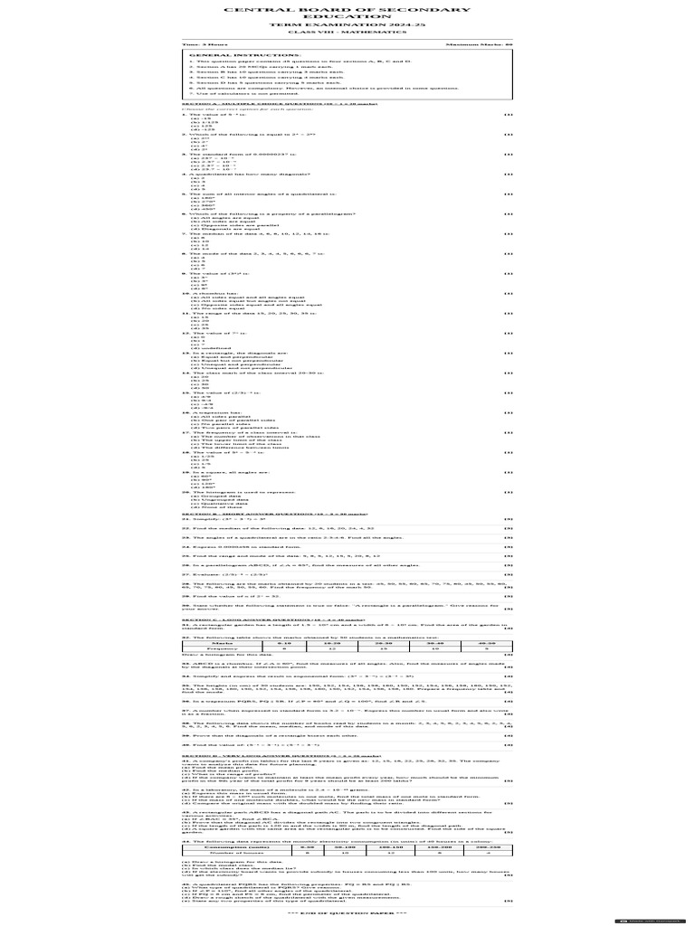 CBSE Class 8 Maths Term Exam 2024 | PDF | Rectangle | Elementary Geometry