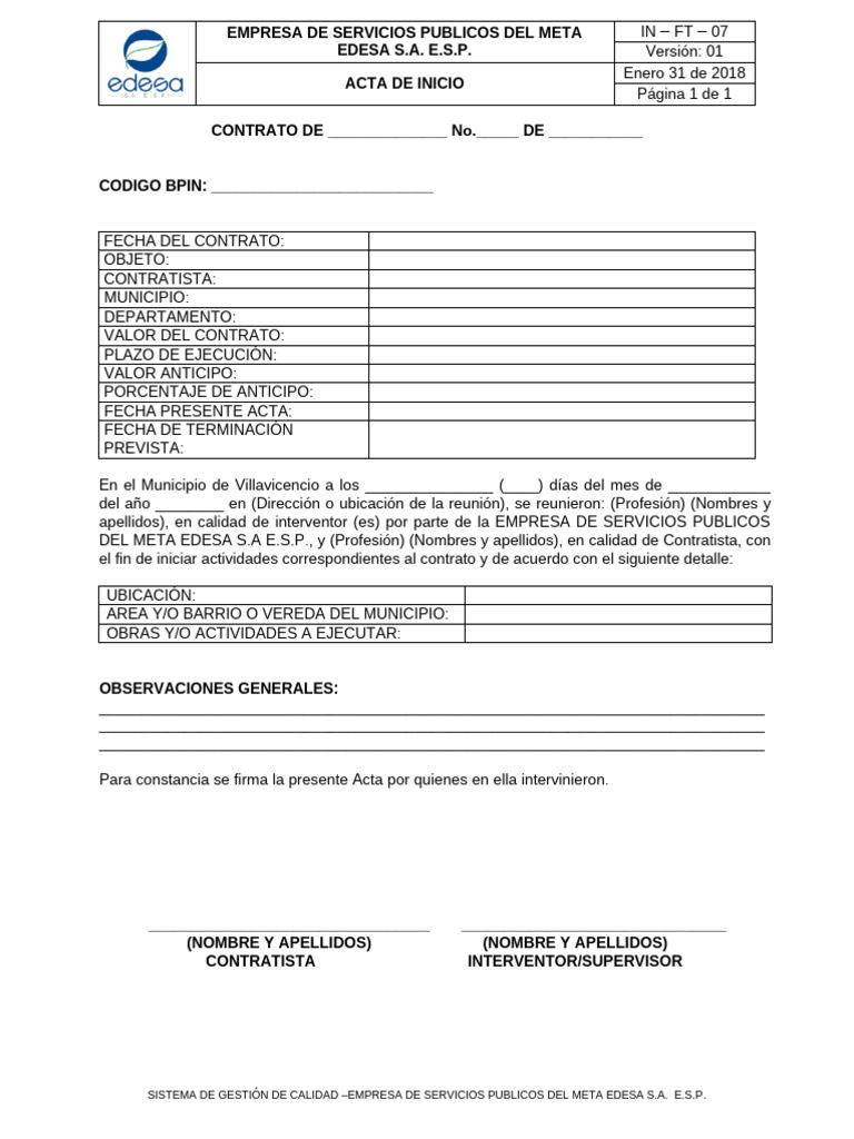 Acta de Inicio Contrato EDESA S.A. | PDF