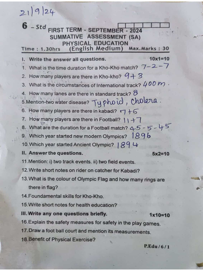6th Physical Education Quarterly Exam 2024 Original Question Paper With ...