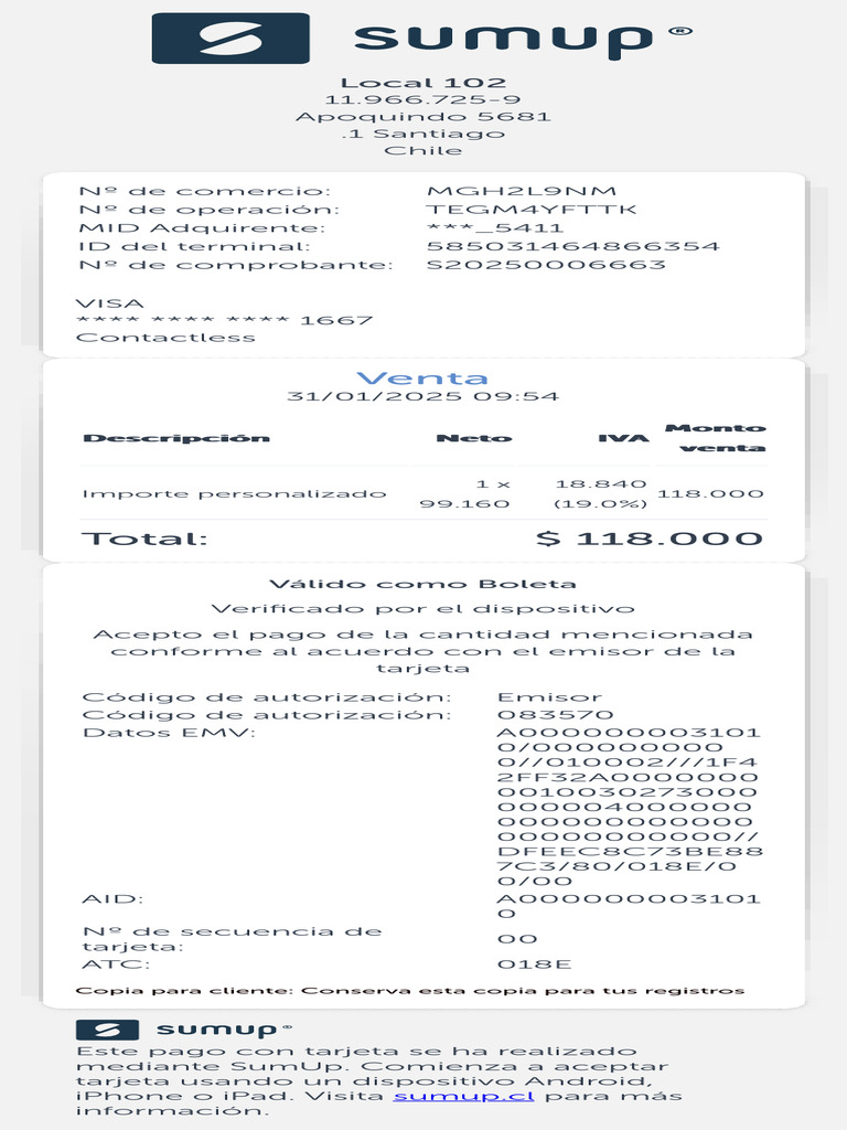 Recibo de Pago con Tarjeta SumUp | PDF