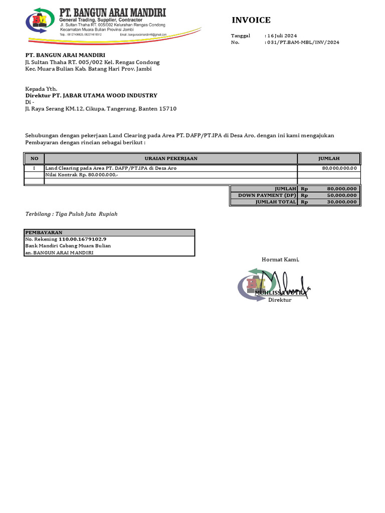 Invoice Pembayaran Proyek Land Clearing | PDF