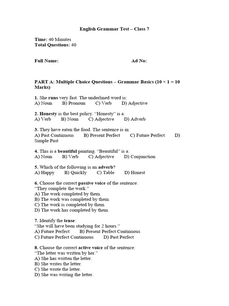 Class 7 English Grammar Test | PDF | English Grammar | Perfect (Grammar)