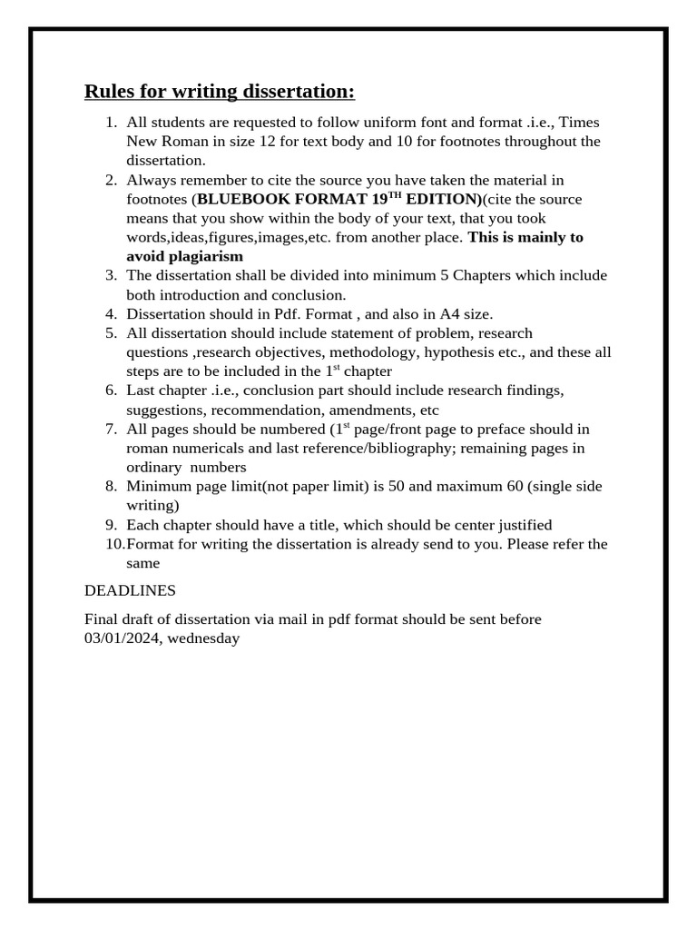 Dissertation Writing Guidelines and Deadlines | PDF