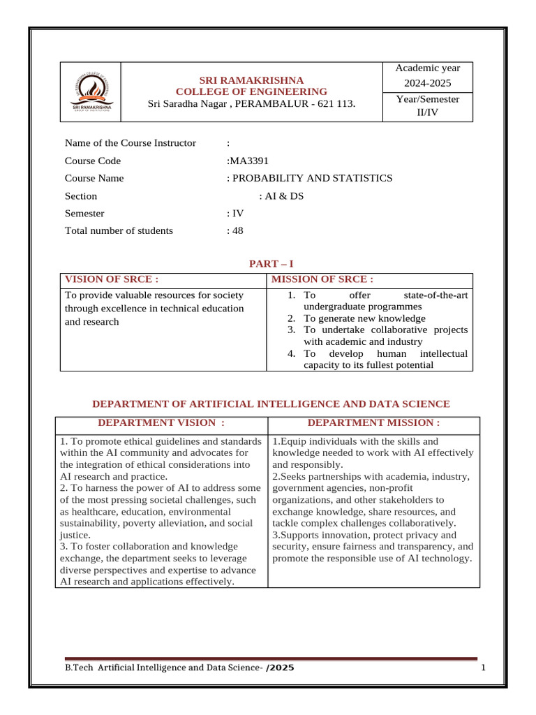 AI & DS Probability and Statistics Syllabus | PDF | Probability ...