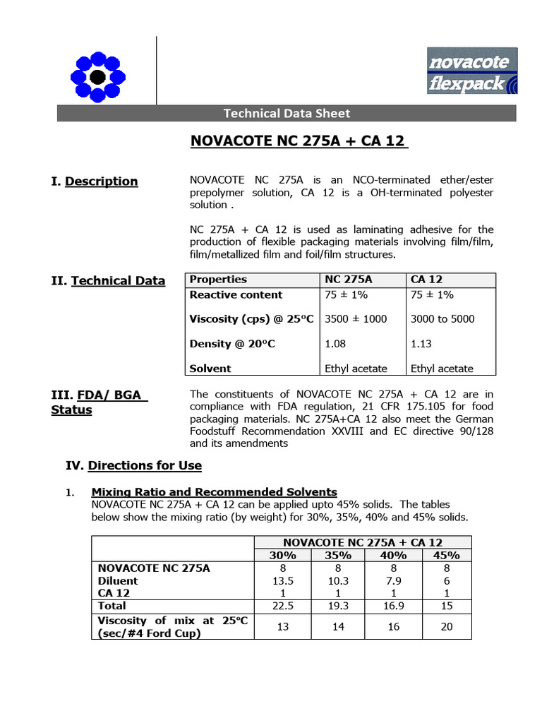 Novacote NC 275A + CA 12 Adhesive Guide | PDF | Solvent | Chemical ...