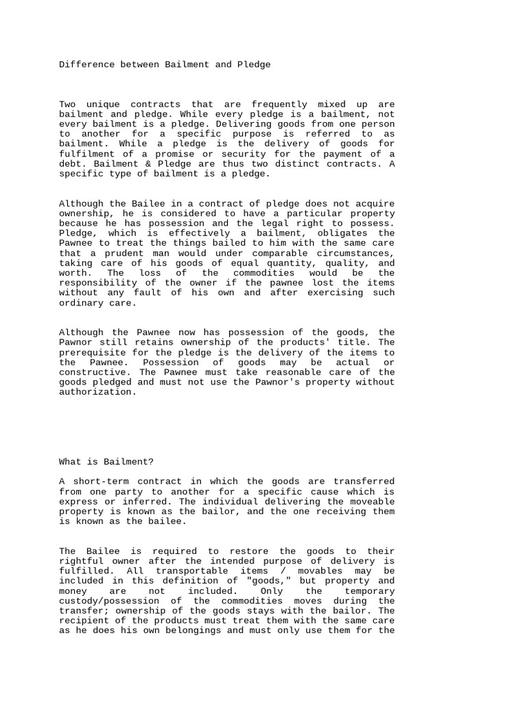 Distinctions Between Bailment and Pledge | PDF | Damages | Debt