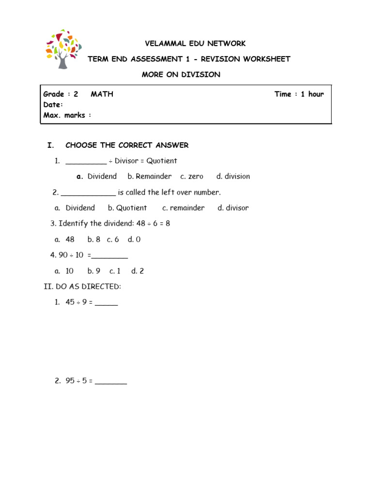 Division Revision Worksheet for Grade 2 | PDF