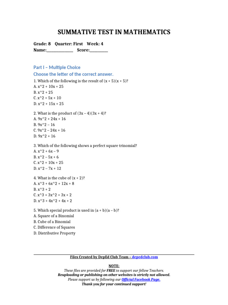 Grade 8 Math Summative Test | PDF | Discrete Mathematics | Number Theory