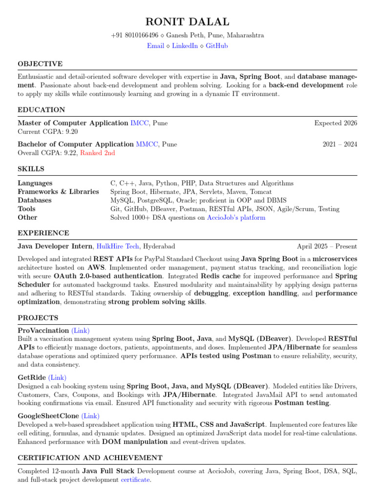 Software Developer Resume: Java & Spring Boot | PDF | Databases | Java ...
