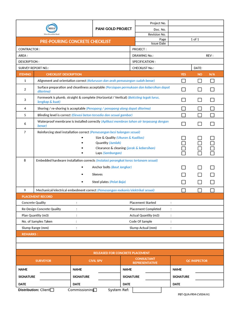 Concrete Pouring Checklist | PDF | Concrete | Building Materials