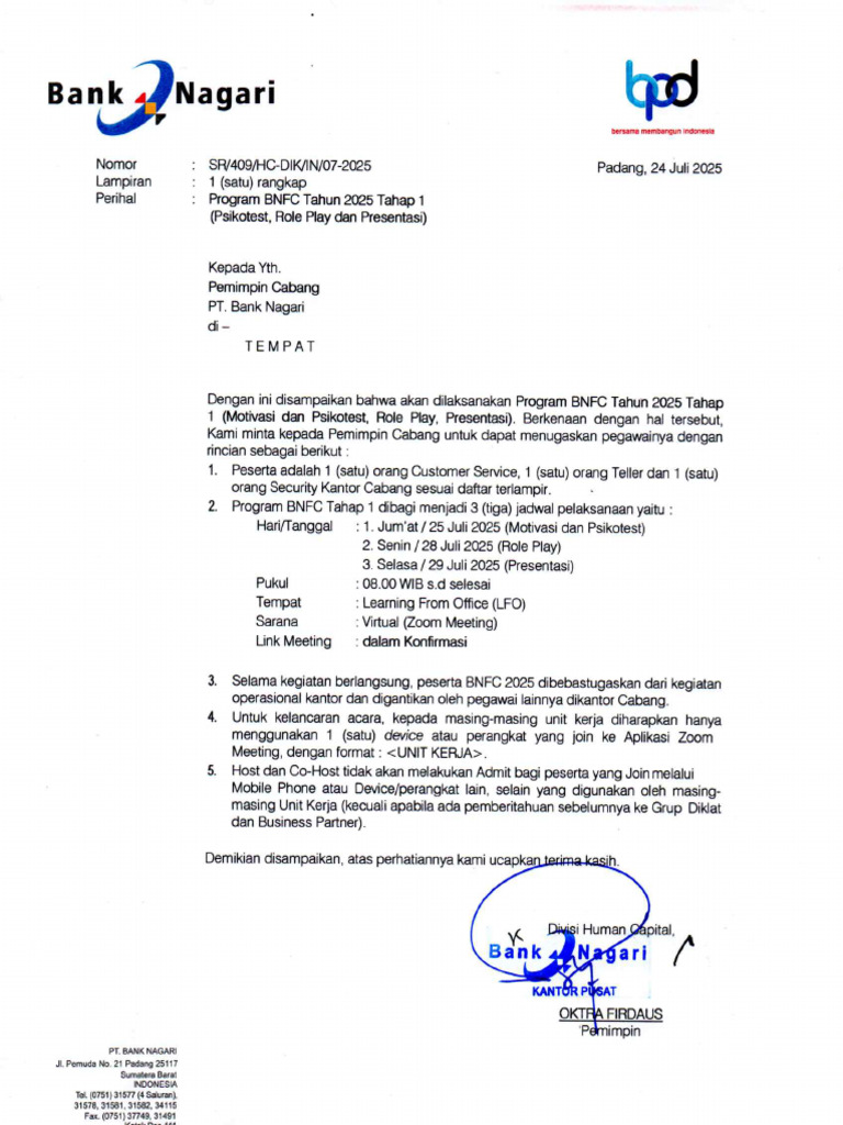 Program BNFC Tahun 2025 Tahap 1 (Psikotest, Role Play Dan Presentasi) | PDF