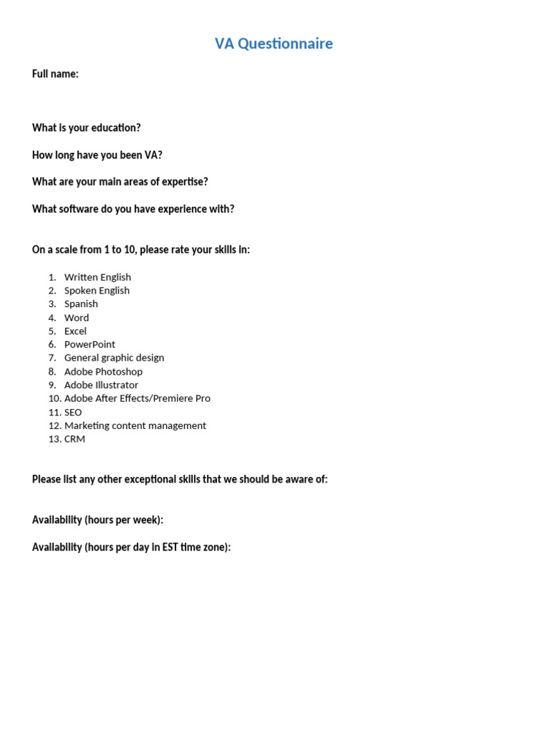 VA Questionnaire | PDF