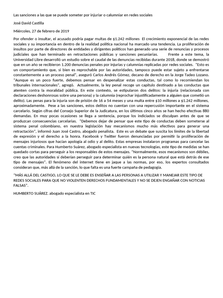 Las Sanciones a Las Que Se Puede Someter Por Injuriar o Calumniar en ...