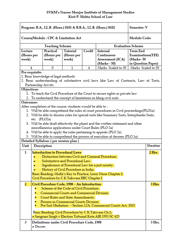 CPC & Limitation Act Course Overview | PDF