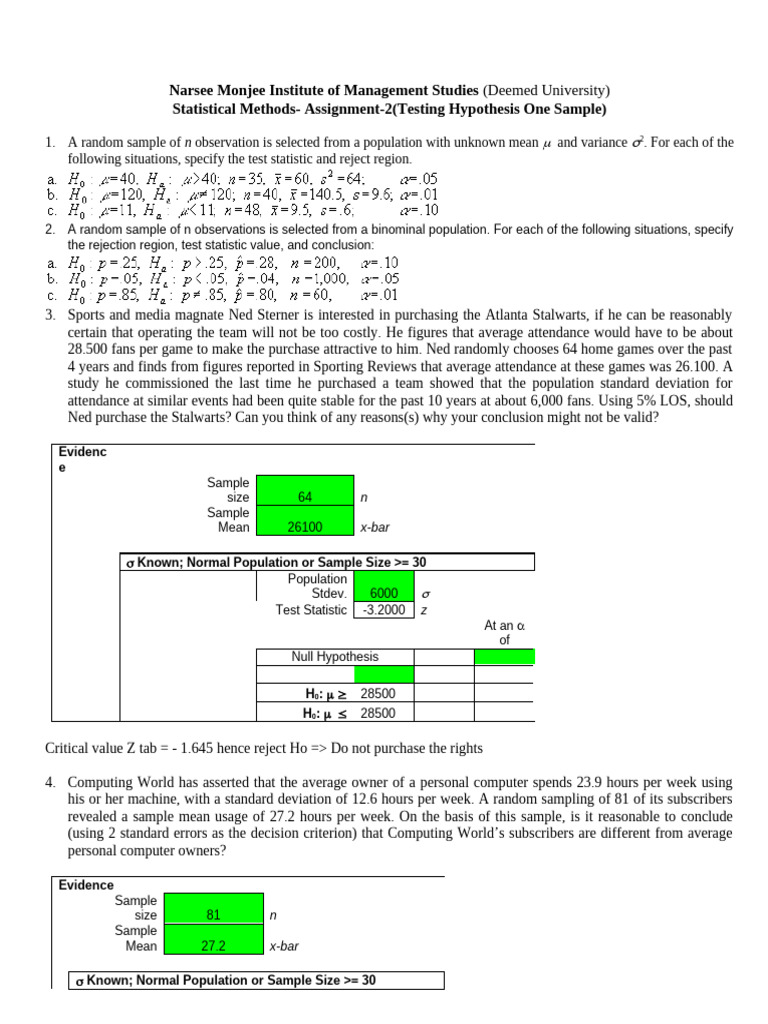 Hypothesis Testing Assignments Overview | PDF | P Value | Standard ...