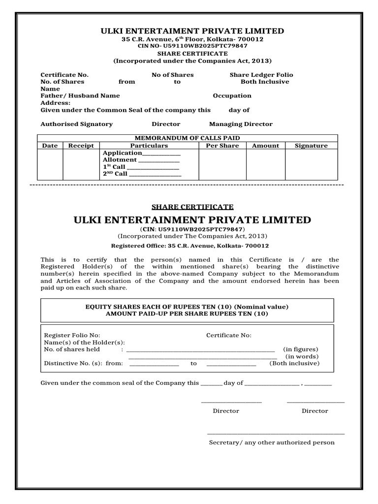 Share Certificate Format for Companies Act | PDF