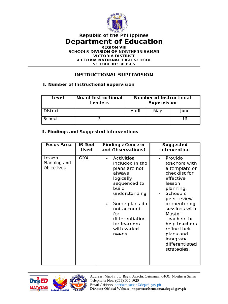 Instructional Supervision Report 2023 | PDF | Teachers | Learning