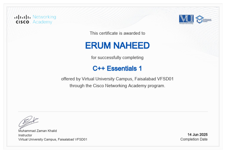 C++ Essentials 1 Completion Certificate | PDF