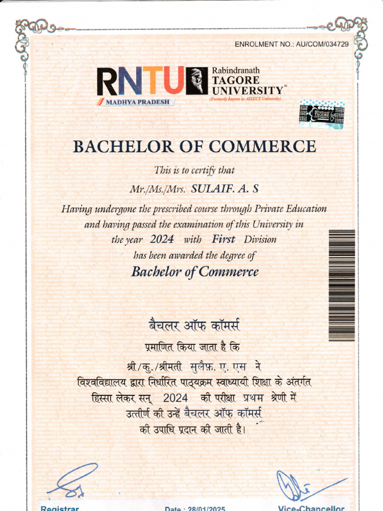 Rabindranath Tagore University Degree Certificate | PDF