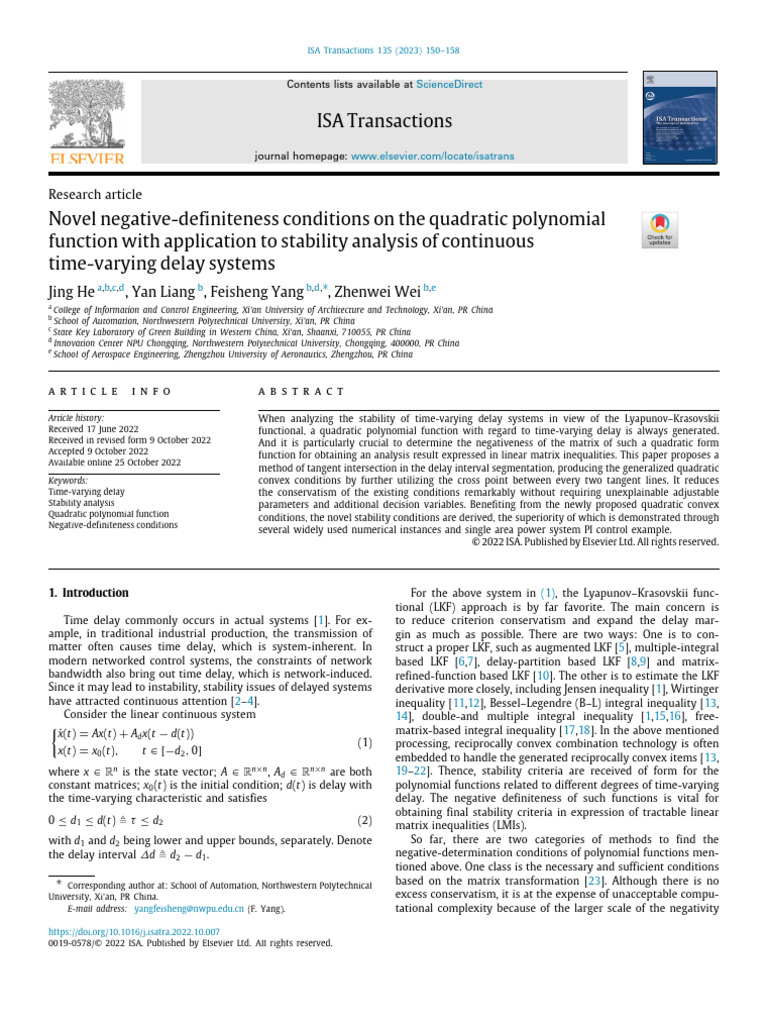 Novel Negative-Definiteness Conditions On The Quadratic Polynomial ...
