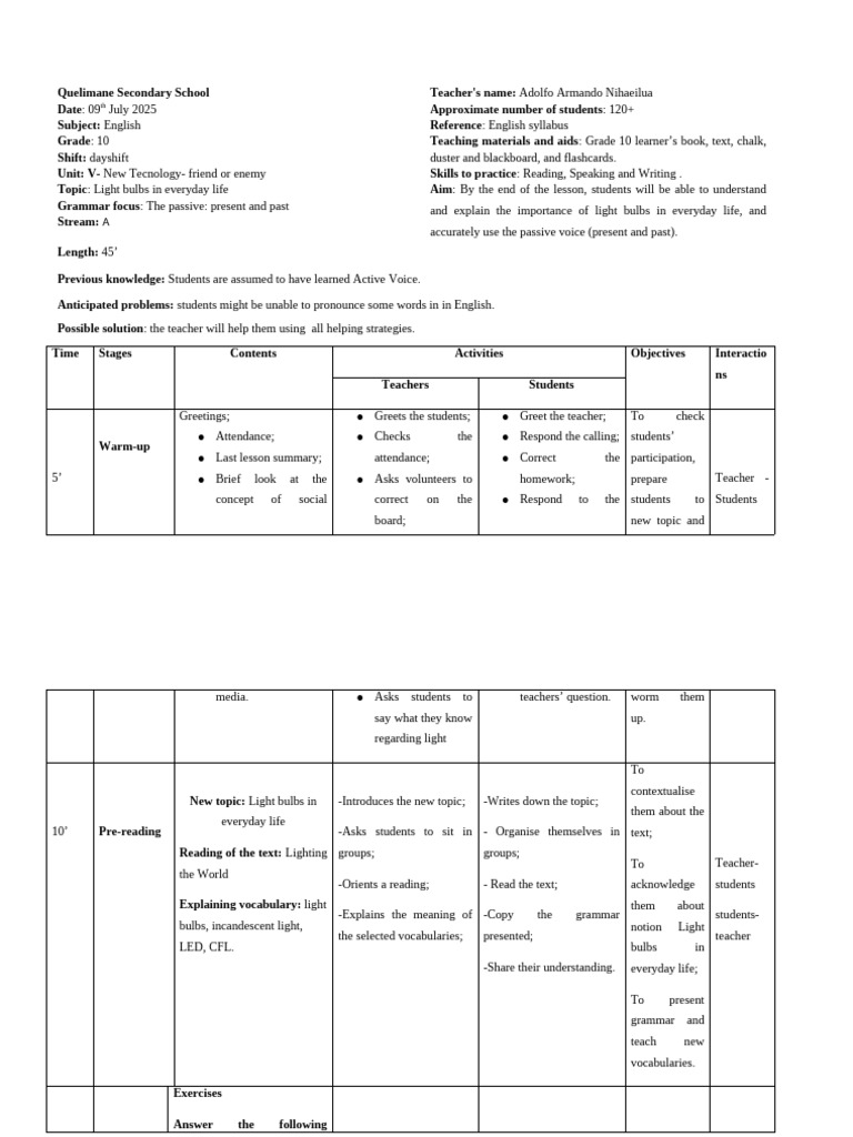 Lesson Plan 4 | PDF | Compact Fluorescent Lamp | Linguistics