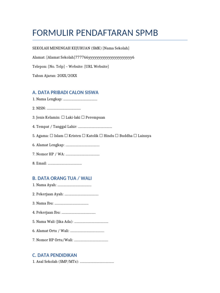 Contoh Formulir Pendaftaran SMK | PDF