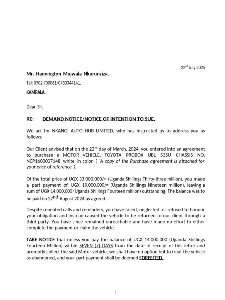 Demand Notice for Vehicle Payment | PDF