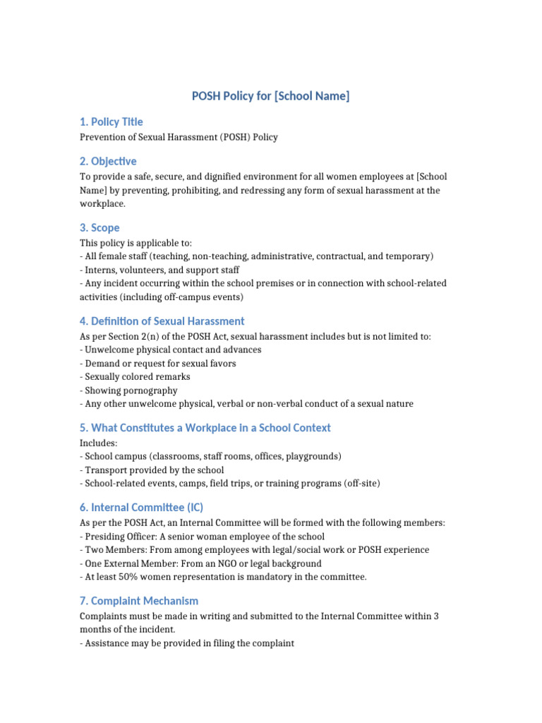 POSH Policy for School Employees | PDF | Sexual Harassment | Human Rights