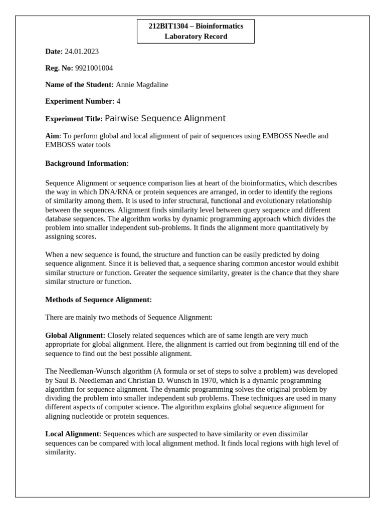 Pairwise Sequence Alignment with EMBOSS | PDF | Sequence Alignment ...