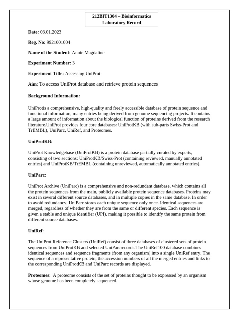 Bioinfo Lab - Exp 3 9921001004 | PDF | Life Sciences | Proteins