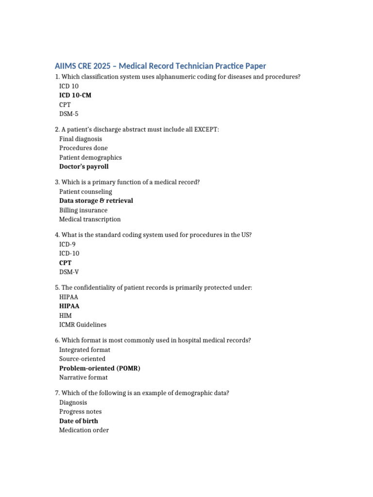 AIIMS CRE 2025: Medical Record Technician Exam | PDF