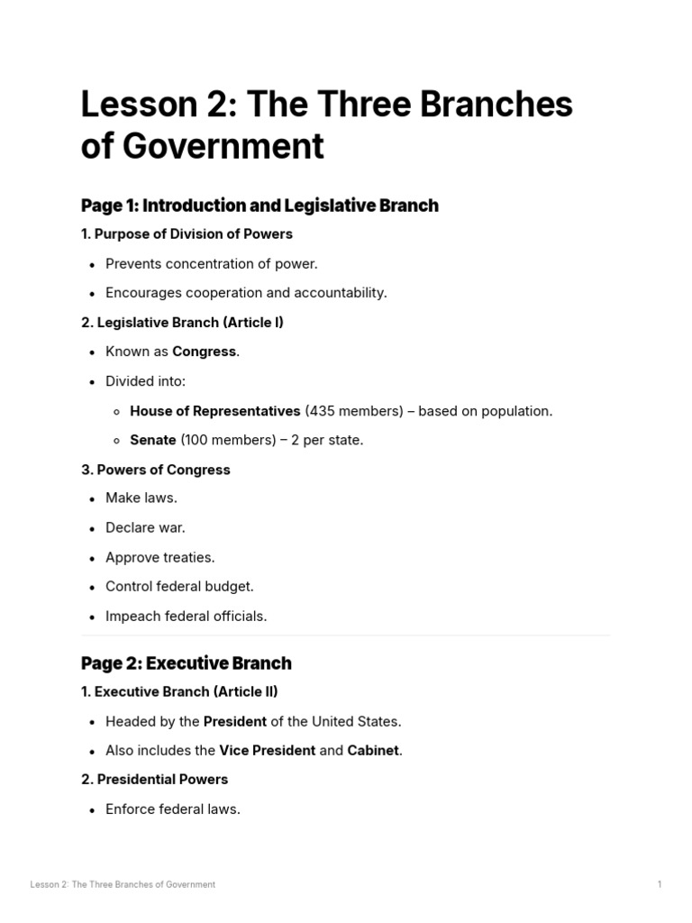 Lesson 2 The Three Branches of Government | PDF | Separation Of Powers ...