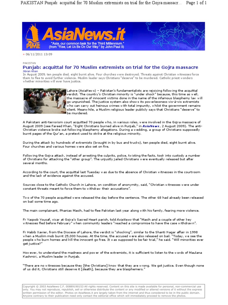 Muslim Fanatics Aquited in Pakistan - Gojra Massacre of Christians ...