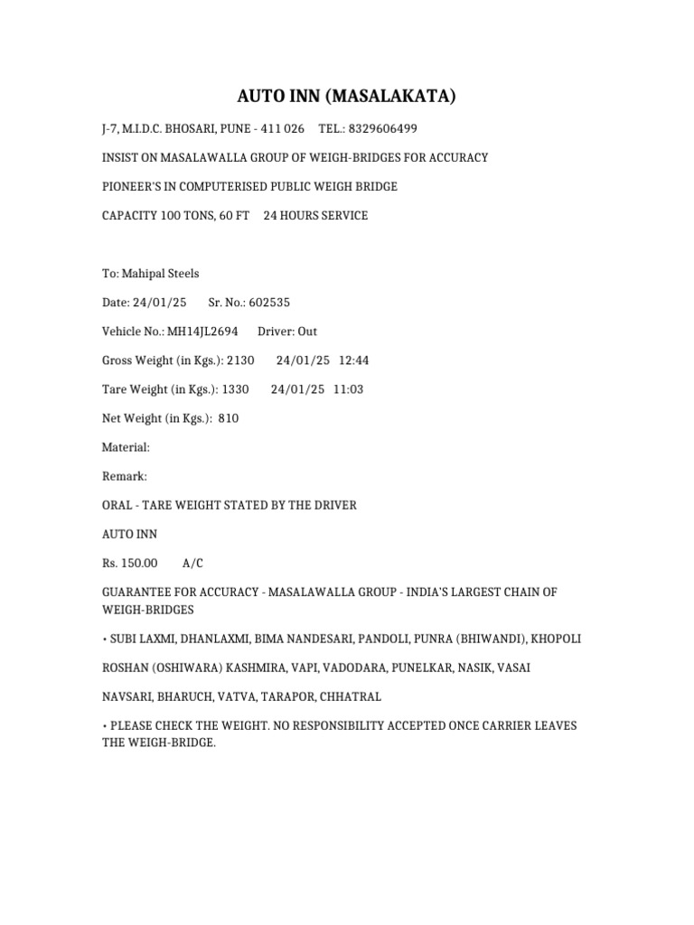 Weight Slip Format | PDF