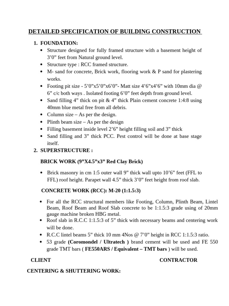 Detailed Building Construction Specs | PDF | Basement | Wall