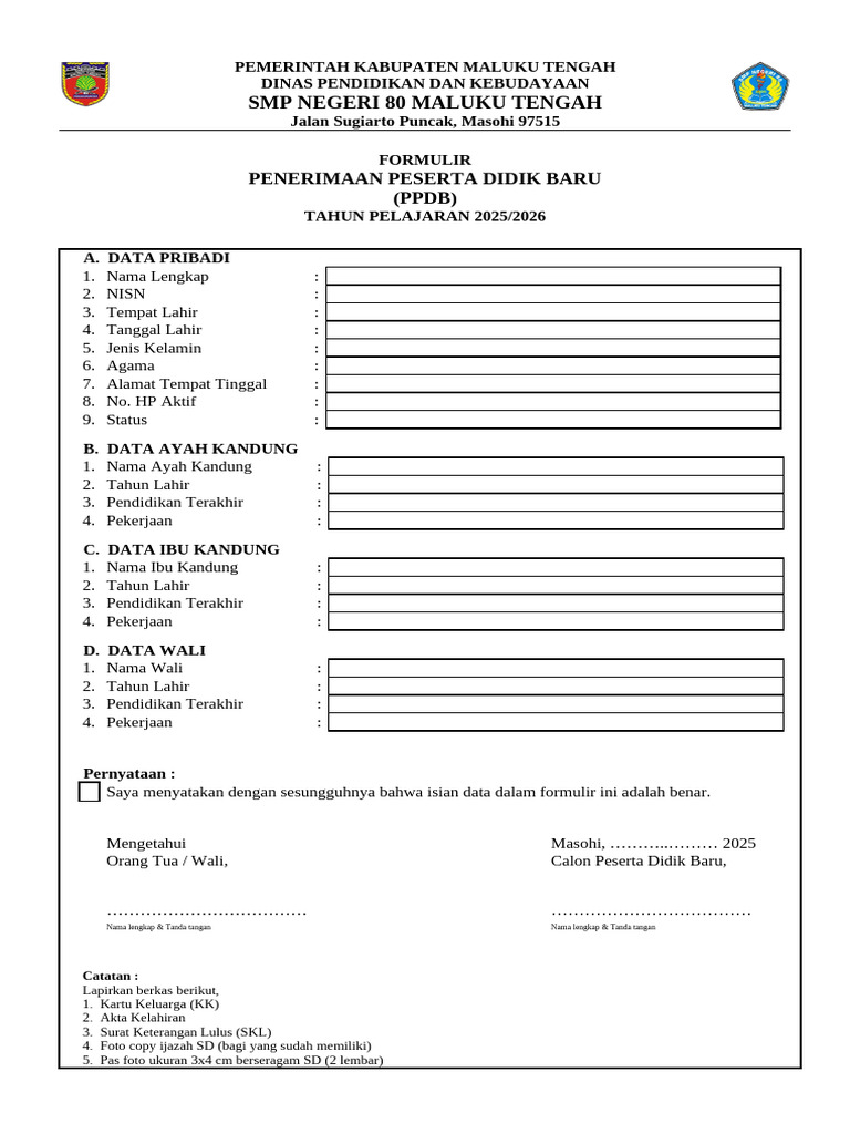 Formulir PPDB SMP Negeri 80 2025/2026 | PDF