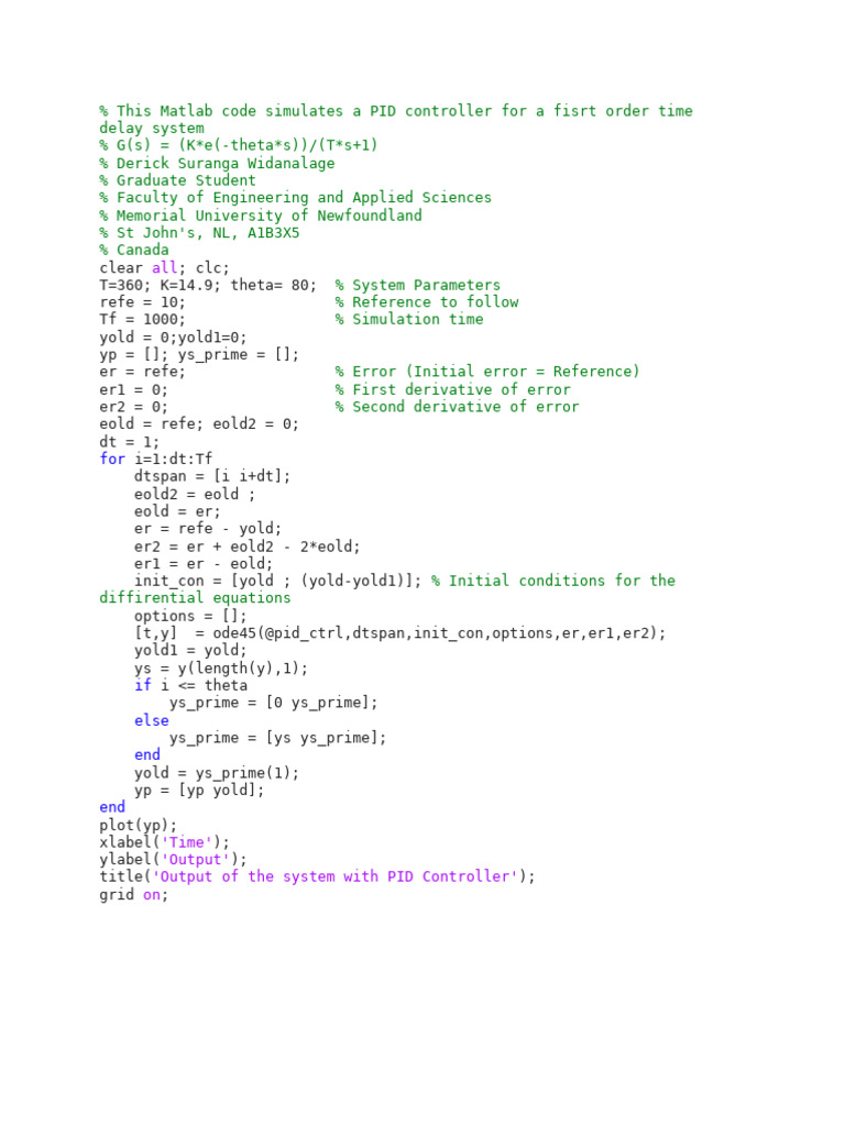 PID Controller Simulation in MATLAB | PDF