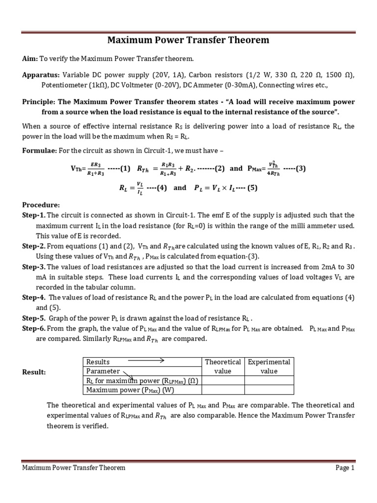 Maximum Power Transfer Theorem Lab Pdf Resistor Electronic