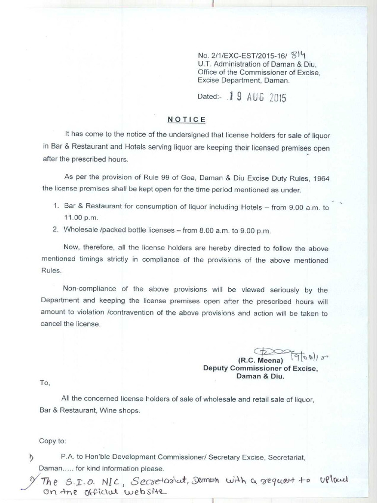 Diu Liquor Shop Operating Hours Notice | PDF