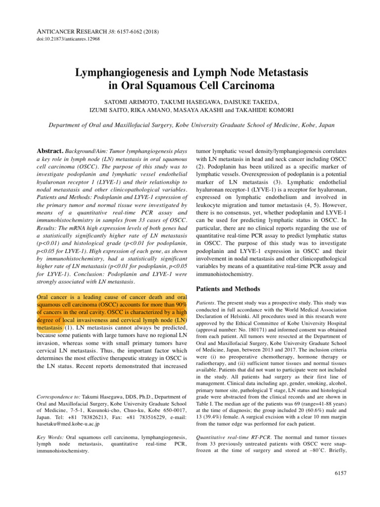 Lymphangiogenesis and LNode Metastasis in Oral SCC | PDF | Metastasis ...