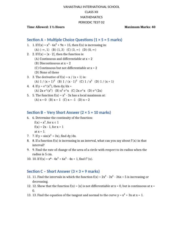 Class XII Mathematics Periodic Test 2 | PDF | Function (Mathematics ...