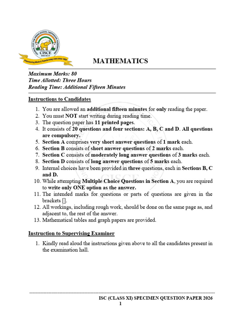 ISC Class XI Maths Specimen Paper 2026 | PDF | Circle | Ellipse