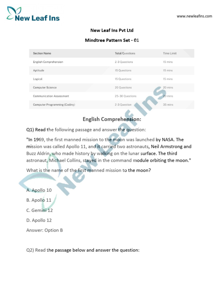 Mindtree Exam Pattern Set - 01 | PDF | Apollo 11 | Apollo Program