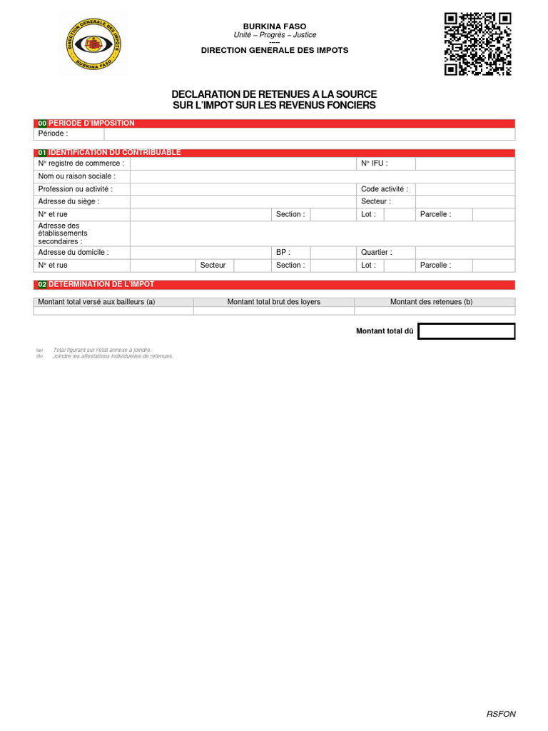 Déclaration IRF Burkina Faso 2025 | PDF | Impôts | Financement du ...