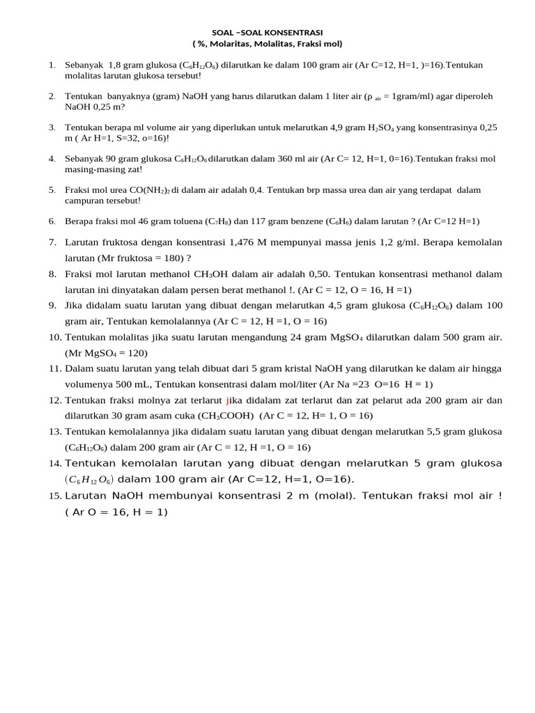 Soal Molaritas, Molalitas, Fraksi Mol | PDF
