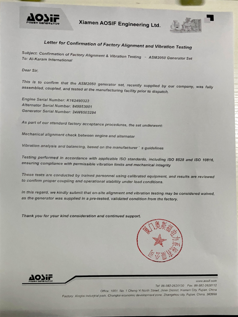 Letter for Confomation of Factory Allignment and Vibration Testing | PDF
